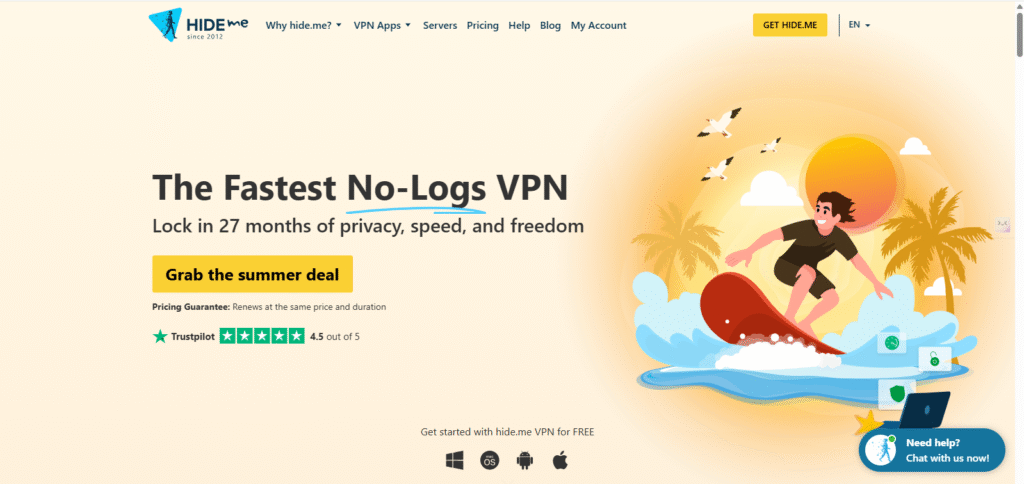Hide.me VPN app dashboard
